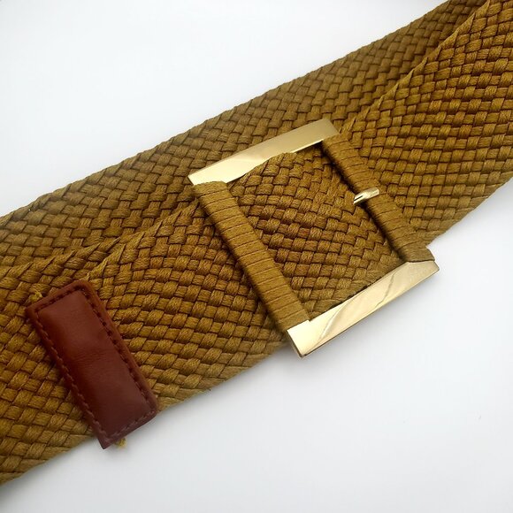Aldo Accessories - ALDO Women's Wide Woven Belt Gold Brown Square Buckle Faux Leather Trim Boho